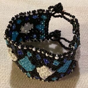 Southwestern Style Handmade Beaded Bracelet Black, Blue, White 8.5"x 2.25"